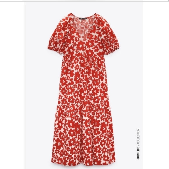 ZARA * Floral Printed Poplin Maxi Dress Red size xs - Picture 14 of 16